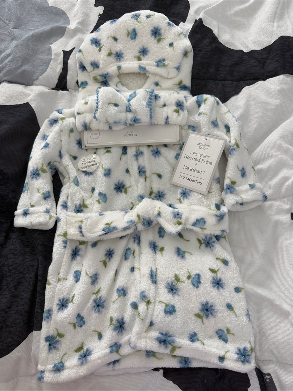 Plush Hooded Robe for Kids - Blue Floral (0-9 Months)
